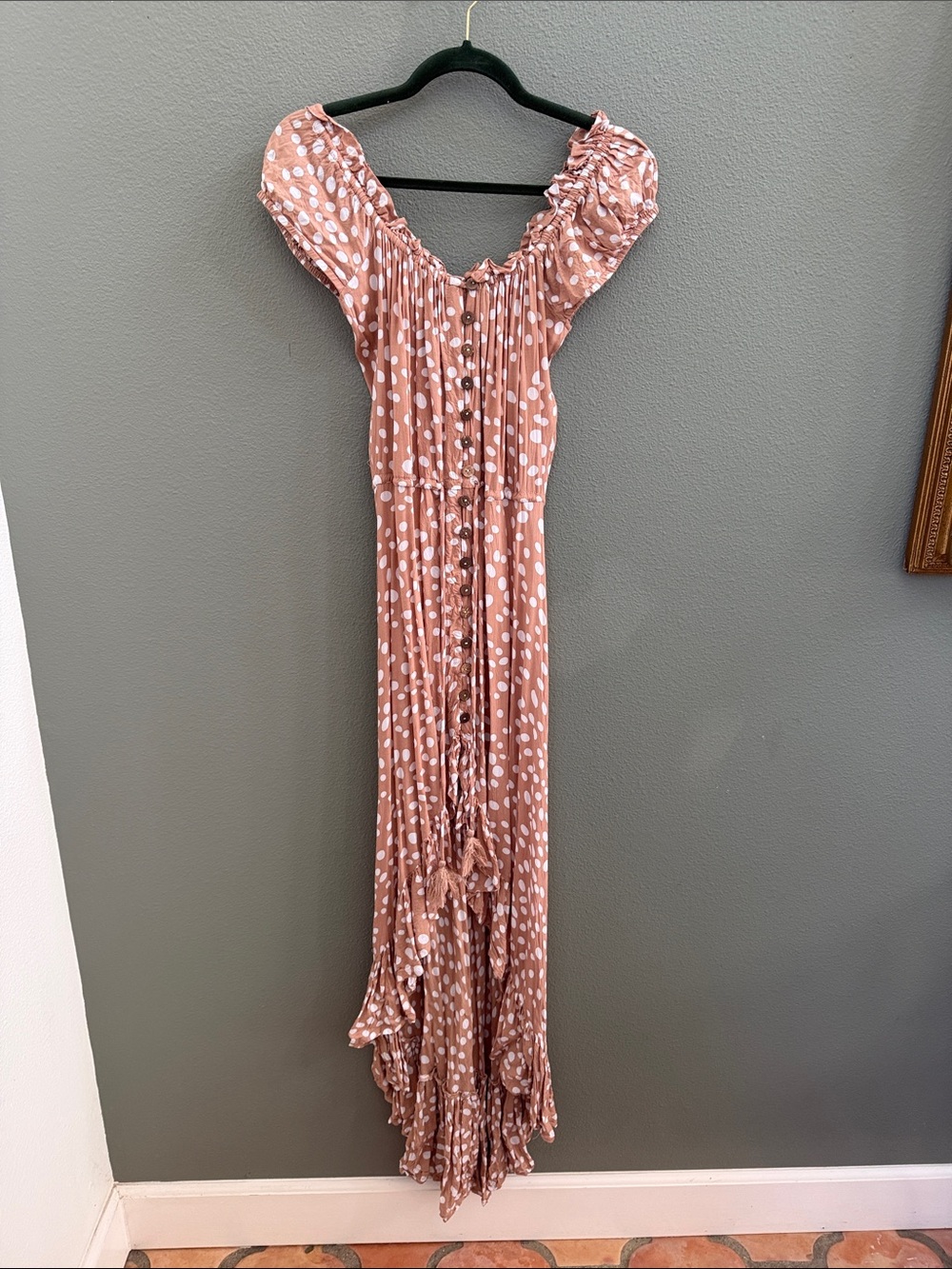 Tiare Hawaii Riviera Dress Asymmetrical Midi Button Down Tie Waist Tassels